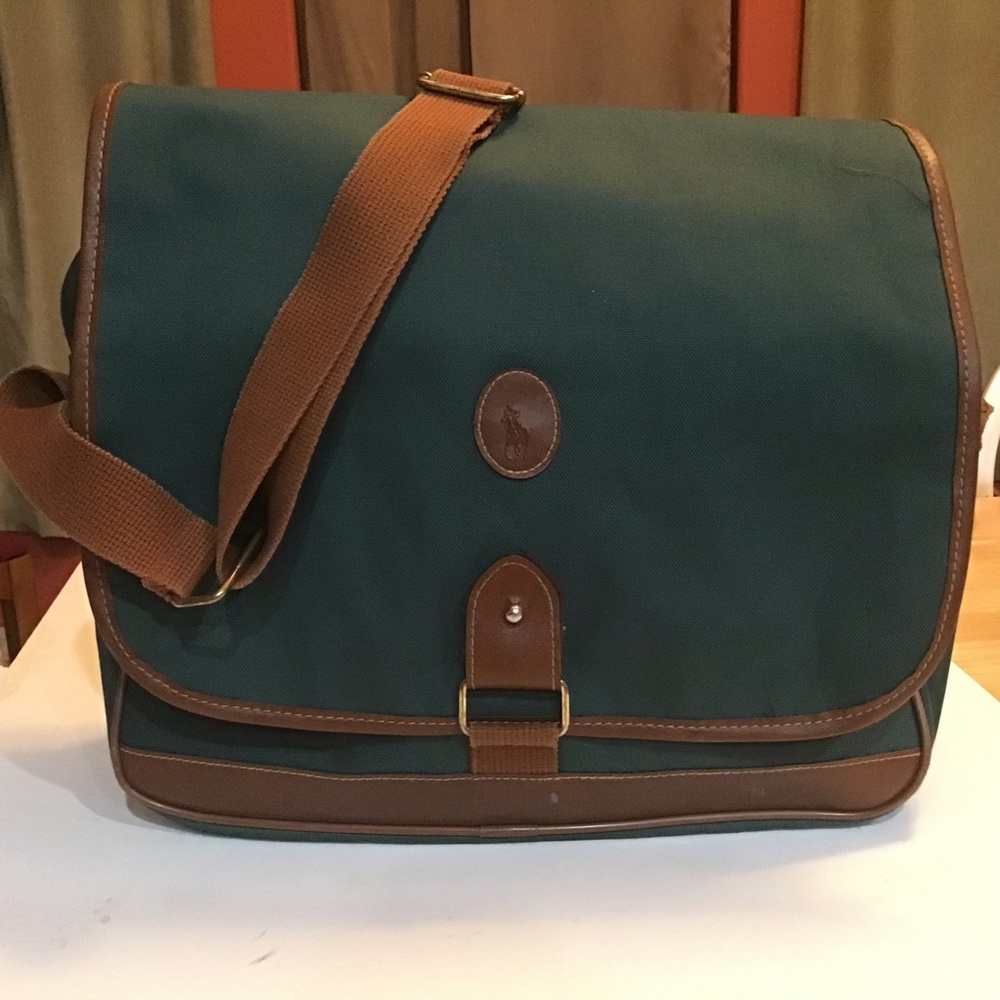 Polo Ralph Lauren Vintage Messenger Bag Hunter Green Brown Leather Trim